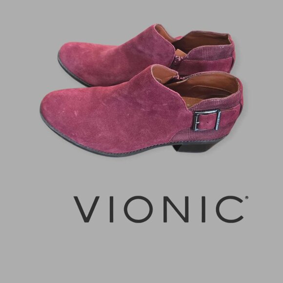 Vionic Wine Red Suede Ankle Buckle Boots Ama Booties Womens 10 - Picture 1 of 15